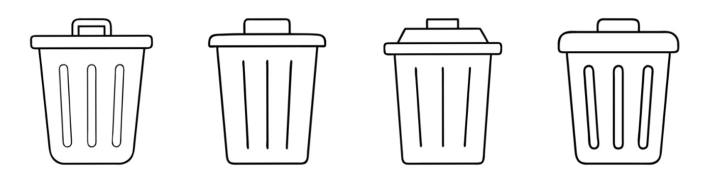 four trash can icons arranged side by side simple black and white design