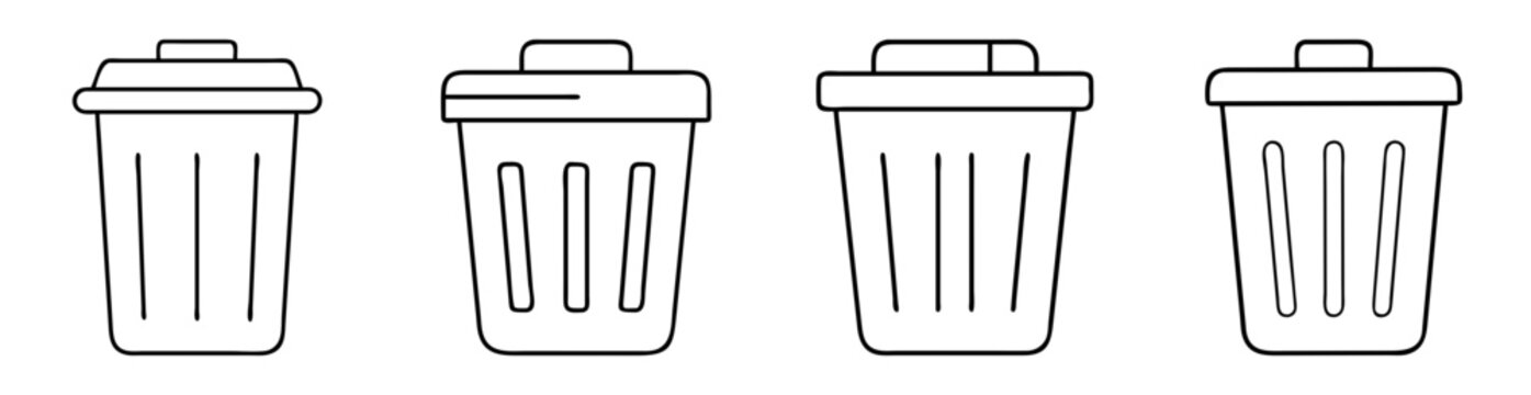 Collection of four line art style trash cans on a white background