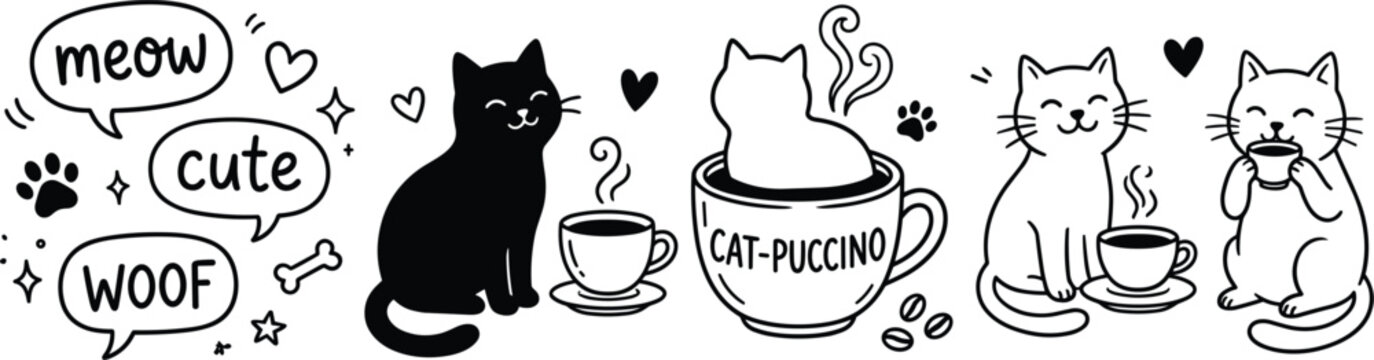 Cute Cat Coffee Doodle Set Featuring Kittens In Mugs With Catpuccino Pun And Speech Bubbles Vector Illustration.