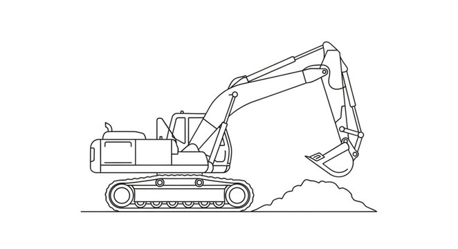 Detailed outline of an excavator machine, ready for construction work, digging earth.