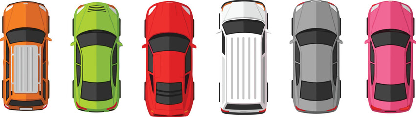 Top view set of colorful cars and SUVs, architectural vehicle symbols for site plans, transport vector icons on white, isolated. © Mdjoshel 