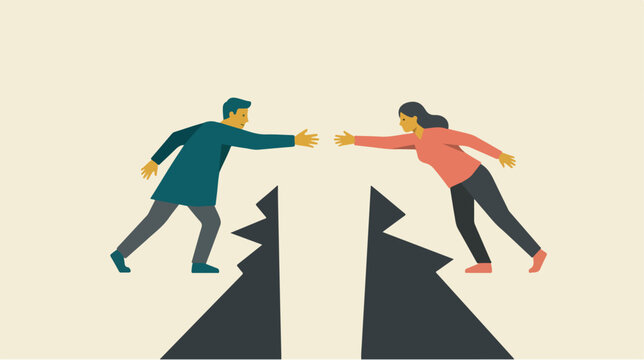 Businessman and woman reaching out.