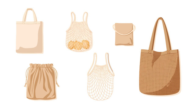Sustainable reusable bags collection: canvas totes, mesh net bags, drawstring pouches. Eco-friendly shopping concept.