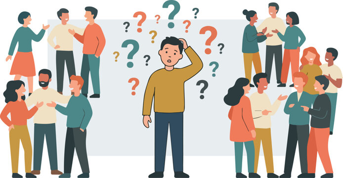 Man with question marks people.