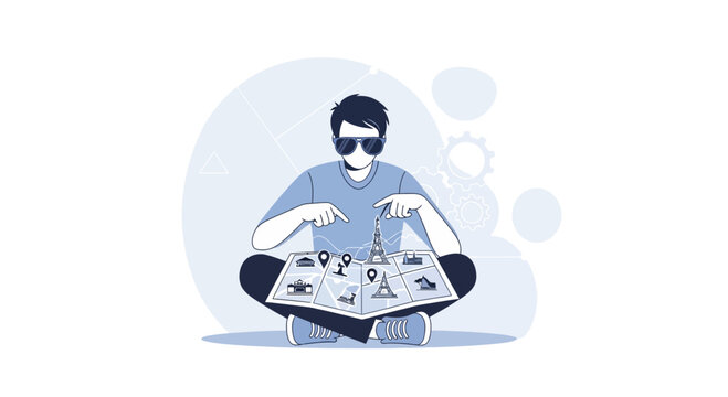 Man Planning Vacation Adventure Using Augmented Reality Map Technology