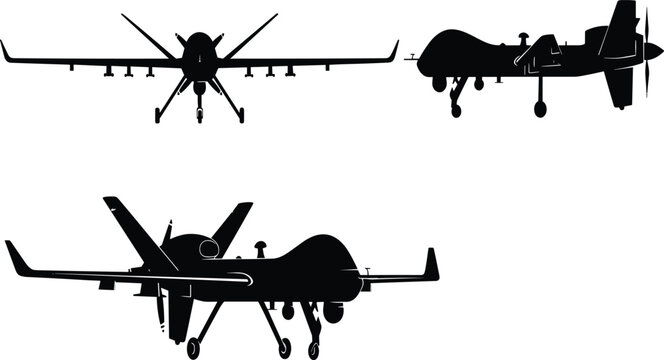 Unmanned aerial vehicle drone silhouette set with front side and perspective views for military surveillance technology aerospace engineering and aviation design