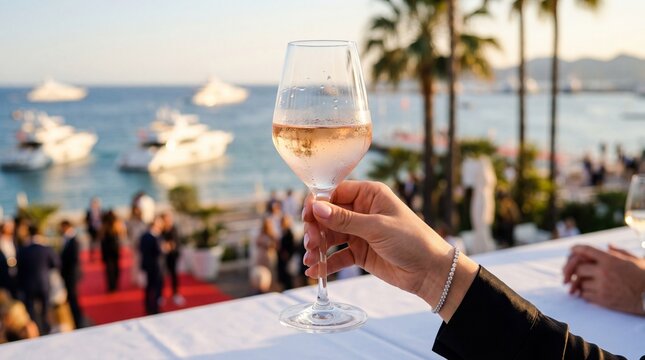 Woman holding glass of chilled rose wine at a luxury Cannes beachfront party