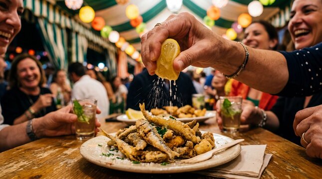 Squeezing lemon on fried fish tapas inside a festive Spanish spring fair tent