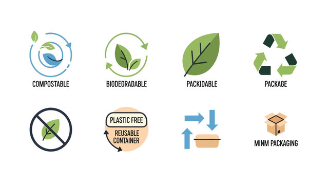 Eco-friendly Packaging & Sustainability Icons Set: Compostable, Biodegradable, Plastic-Free, Recyclable, Reusable Concepts