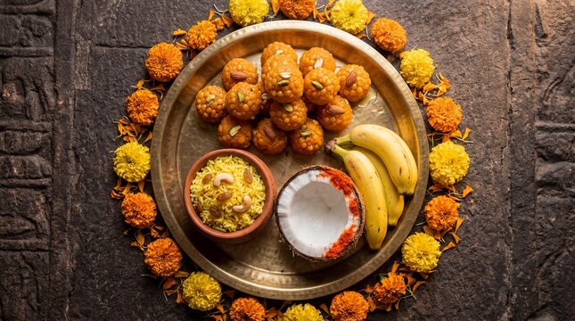 Flat lay of Hanuman Jayanti prasad thali with boondi ladoo and marigolds.