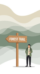 Obraz premium Man Standing By Forest Trail Sign With Wavy Background