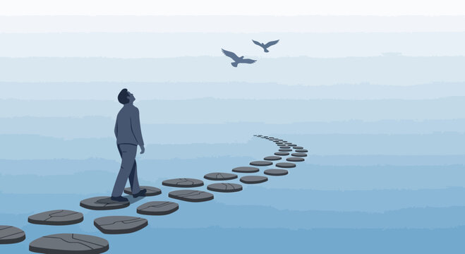 Man Walking On Stepping Stones Towards A Brighter Future With Birds Flying Free