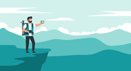 Obraz premium Man With Camera Backpack Takes Selfie On Mountain Cliff Edge