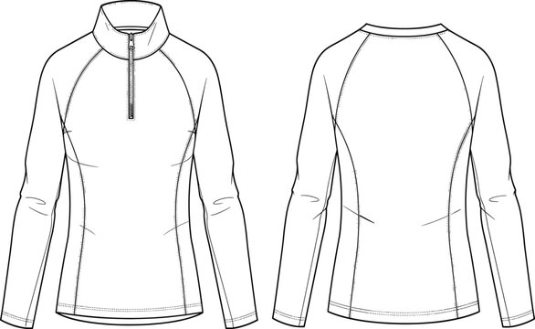 Vector fashion technical sketch of women's half zip pullover, long raglan sleeve activewear top, stand collar, front and back view