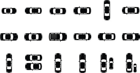 Vector illustration of black car silhouettes from top view, multiple vehicle icons set isolated on white for architectural site plans. © Mdjoshel 