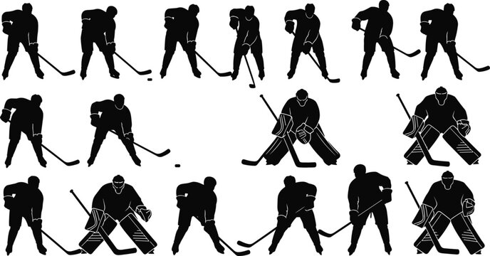 Ice hockey players silhouettes set, vector illustration of athletes in different action poses including goalkeeper