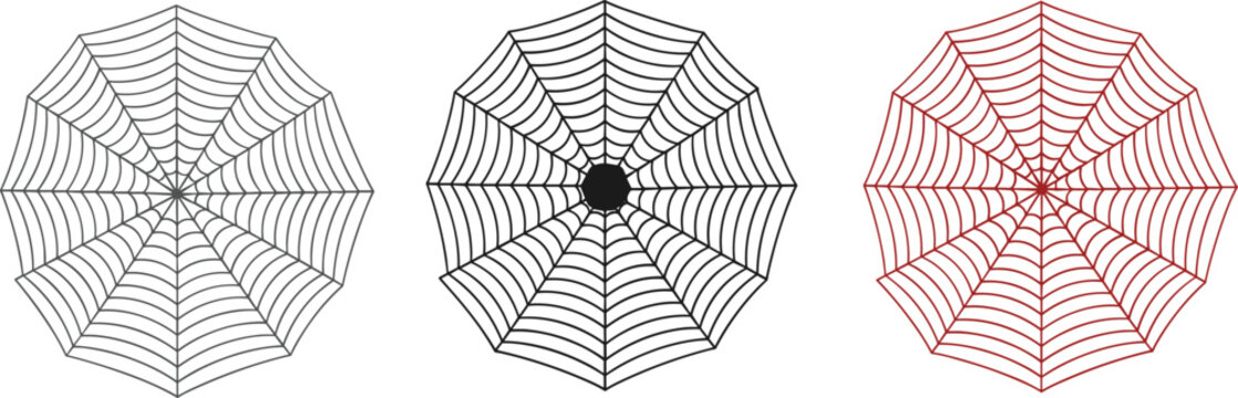 Vector illustration of intricate spider webs in gray, black, and red colors, creepy cobweb set isolated on white for Halloween.