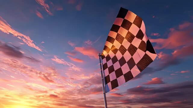 Checkered Racing Flag Waving Against a Sunset Sky