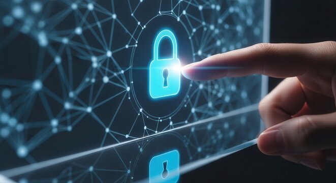A finger touches a holographic lock icon on a transparent digital screen, cybersecurity, technology, digital, network, system, protection, interface