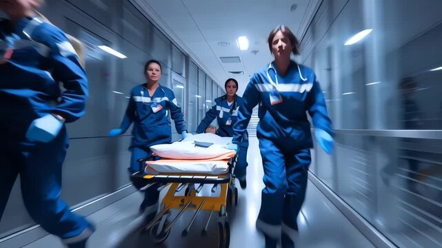 Medical Team Rushing Patient on Stretcher Through Hospital Hallway