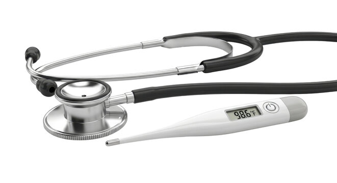 Professional medical stethoscope and digital thermometer showing 98.6 degrees, clinical diagnostic tools for healthcare checkup and patient monitoring isolated PNG with Transparent Background
