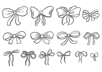 Fototapeta premium Set of whimsical bows from ribbon vector graphic illustration. Isolated doodles of vintage textile decoration for coquettecore designs. Hand drawn silk tied streamers for card, wedding, Valentines.