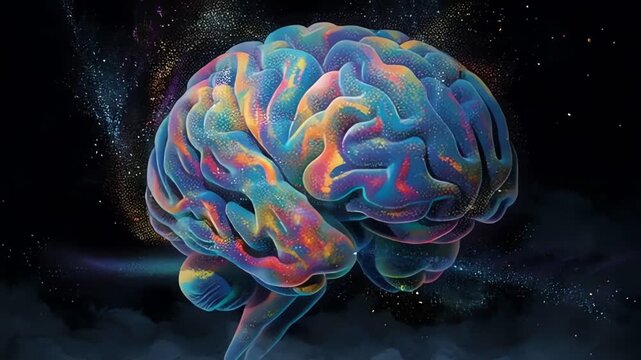 Colorful Cosmic Human Brain Floating in Deep Starry Space
