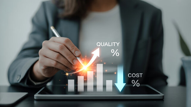 Business professional using a stylus on a digital tablet screen showing a glowing bar chart with rising quality and falling cost metrics