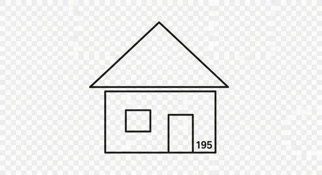 Simple house illustration with a triangular roof and a door with the number 195.