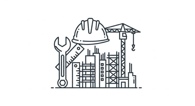Construction site illustration featuring tools, buildings, and a crane, representing industry and architecture.