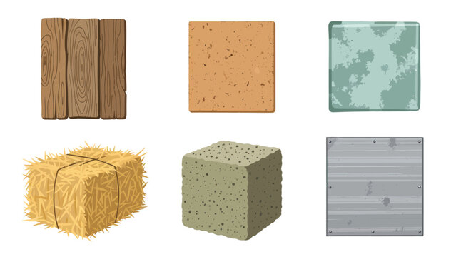 Various game asset textures: wood, sand, water, hay, stone, and metal blocks for digital design