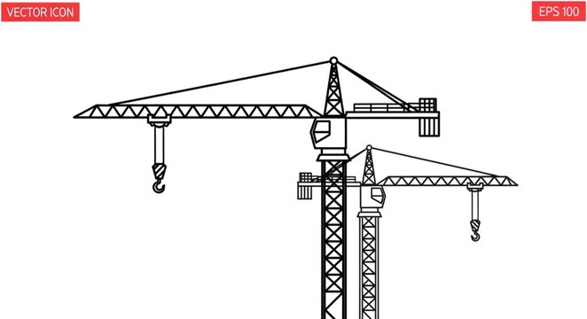 Construction cranes in black and white, a symbol of building and industry.