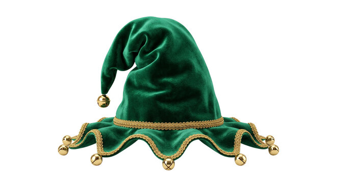 Green Velvet Elf Hat with Gold Trim and Jingle Bells - Christmas Costume Accessory
