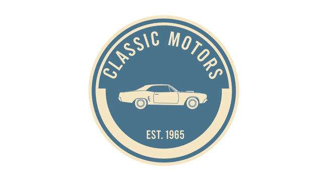 Retro automotive business emblem with classic car silhouette, vintage motors badge design. Blue and cream logo established 1965, ideal for car repair shops or enthusiast clubs