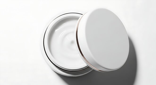 Open Jar of White Cream Cosmetic Product on White Background, Top View