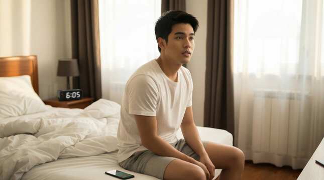 Thoughtful Asian Man Sitting on Bed with Alarm Clock Early Morning