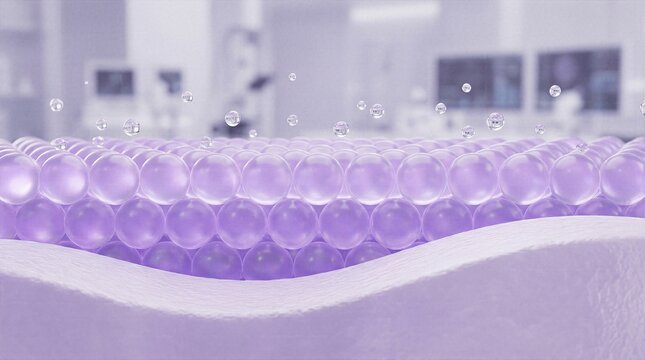 Close up macro view of purple dermal cell layers absorbing falling liquid moisture drops inside a bright clinical laboratory environment for cosmetic skincare formulations.