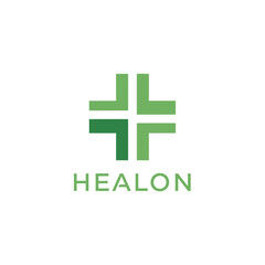 Fototapeta premium Modern green cross logo with text HEALON, representing health and wellness services, perfect for medical branding and healthcare solutions