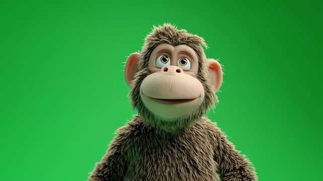 3D Animated Chimpanzee Waving and Scratching Head on Green Screen