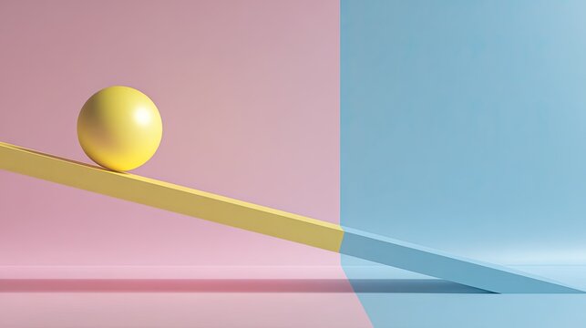 Bright yellow sphere rests precariously atop an inclined yellow plane set against contrasting pastel backgrounds