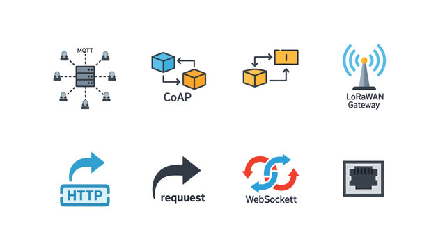 IoT and Network Protocol Icons. Digital Communication, Data Exchange, Wireless and Web Technologies, MQTT, CoAP, LoRaWAN, HTTP