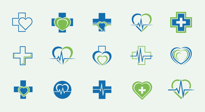 Set of medical and healthcare logo icons with hearts crosses and ecg pulse symbols