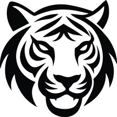 Obraz premium A bold and powerful tiger head logo designed in a sharp black silhouette style. The detailed stripes and intense expression create a strong and fearless visual, making it ideal for sports teams, eSpor