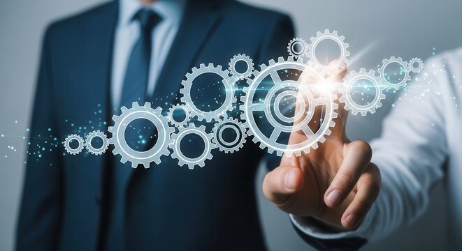 A hand interacts with a holographic gear system for industrial automation, automation, system, process, technology, digital, software, business