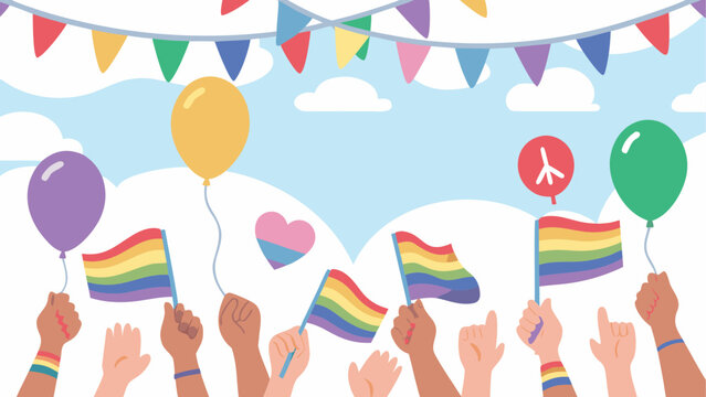 Diverse group of people holding rainbow pride flags and colorful balloons during a celebration Vector