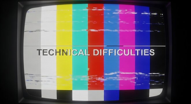 Technical difficulties on test pattern background, vintage tv broadcast error with static.