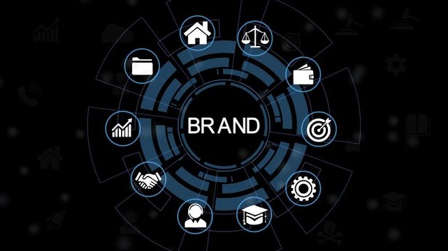 Brand strategy strengthens digital business growth. Technology innovation elevates global success. Digital brand building strategy icons representing growth success. 4K..
