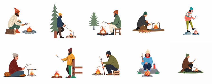Diverse collection of people in warm winter clothing roasting marshmallows over campfires, isolated on a white background.