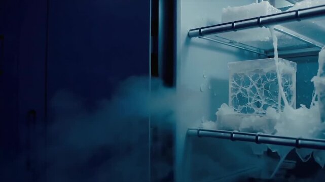 Ice cubes inside a refrigerator with fog forming around it, creating a cool and mysterious atmosphere
