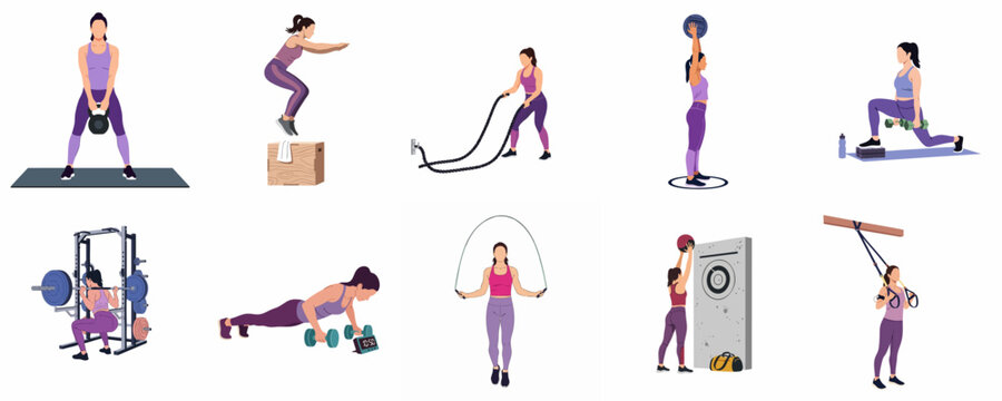 Set of flat vector illustrations depicting a woman performing various gym workouts, including weightlifting, cardio, and functional training exercises.